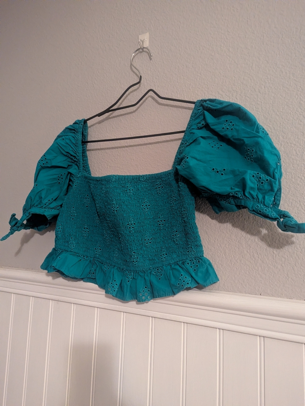 Zara Teal Puff-Sleeve Eyelet Crop Top
